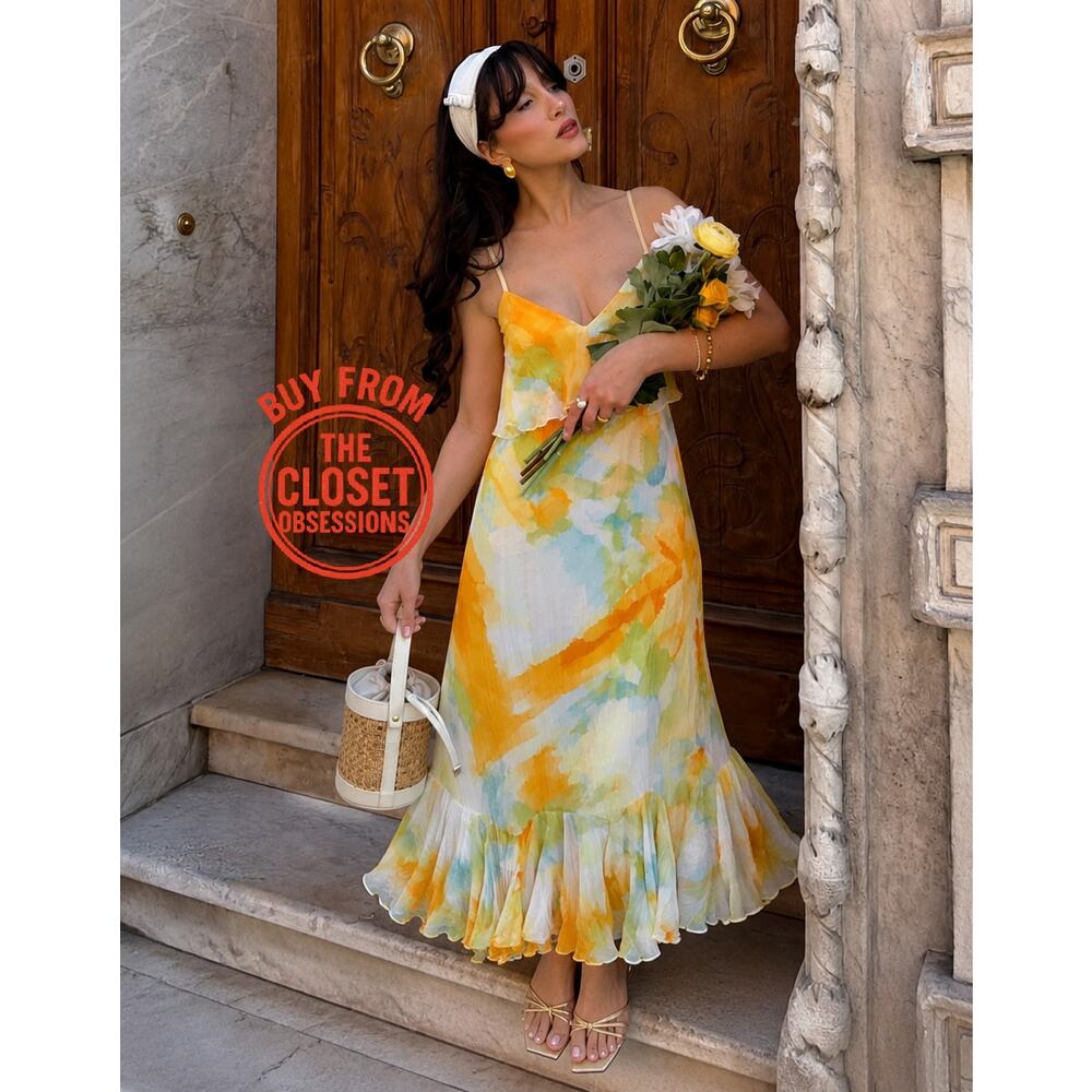 Zara NWT Yellow Floral Ruffle Midi Dress M - Picture 8 of 16